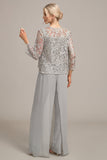 Calça Chiffon Prateada e Top de Renda Mãe da Noiva Wide Pant Suits
