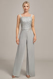 Calça Chiffon Prateada e Top de Renda Mãe da Noiva Wide Pant Suits