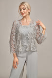Calça Chiffon Prateada e Top de Renda Mãe da Noiva Wide Pant Suits