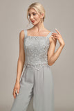 Calça Chiffon Prateada e Top de Renda Mãe da Noiva Wide Pant Suits