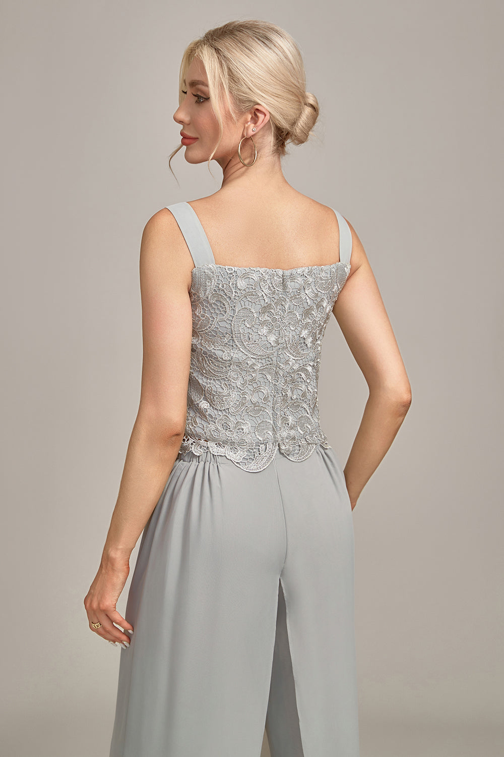 Calça Chiffon Prateada e Top de Renda Mãe da Noiva Wide Pant Suits