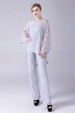 Prata 3 Peças Mangas Longas Mãe da Noiva Pant Suits