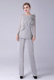 Prata 2 Peças Chiffon Mãe da Noiva Pant Suits