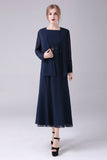 Navy Boat Neck A-line 2 Peças Vestido Mãe da Noiva