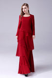 Borgonha A-Line Scoop Neck Chiffon Andar de comprimento Mãe do vestido da noiva