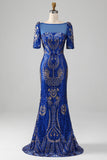 Sereia Royal Blue Sparkly Prom Vestido com mangas curtas