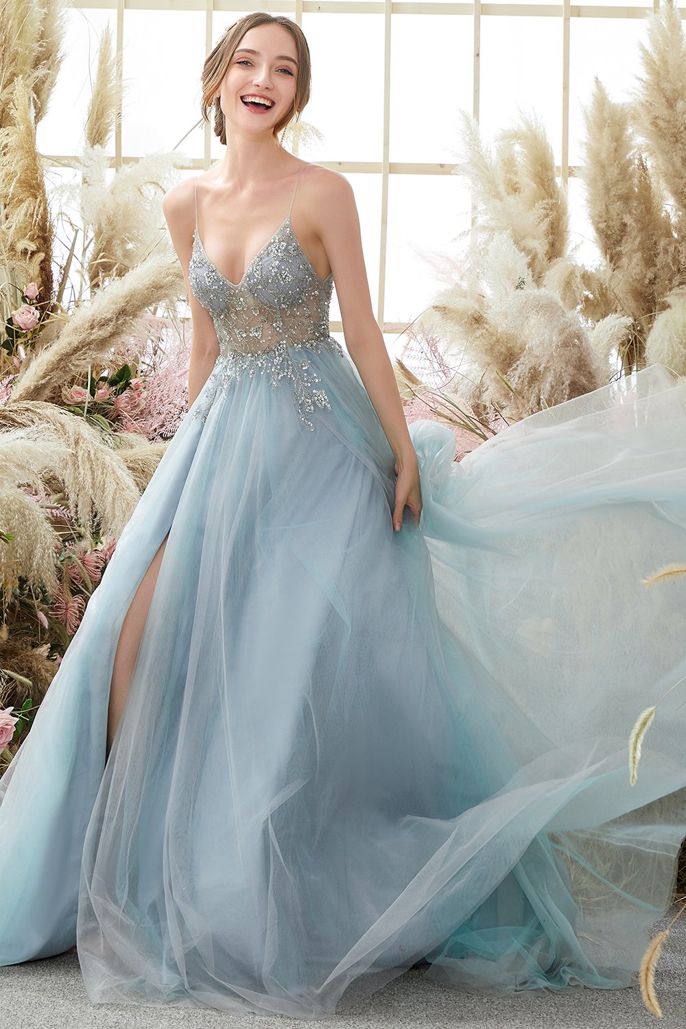 Vestido de Cerimónia Comprido Azul Claro Perolização