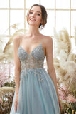Vestido de Cerimónia Comprido Azul Claro Perolização