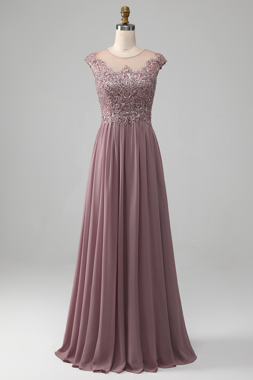 Crepúsculo A-line frisado Chiffon pescoço redondo maxi mãe do vestido da noiva