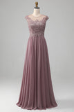 Crepúsculo A-line frisado Chiffon pescoço redondo maxi mãe do vestido da noiva