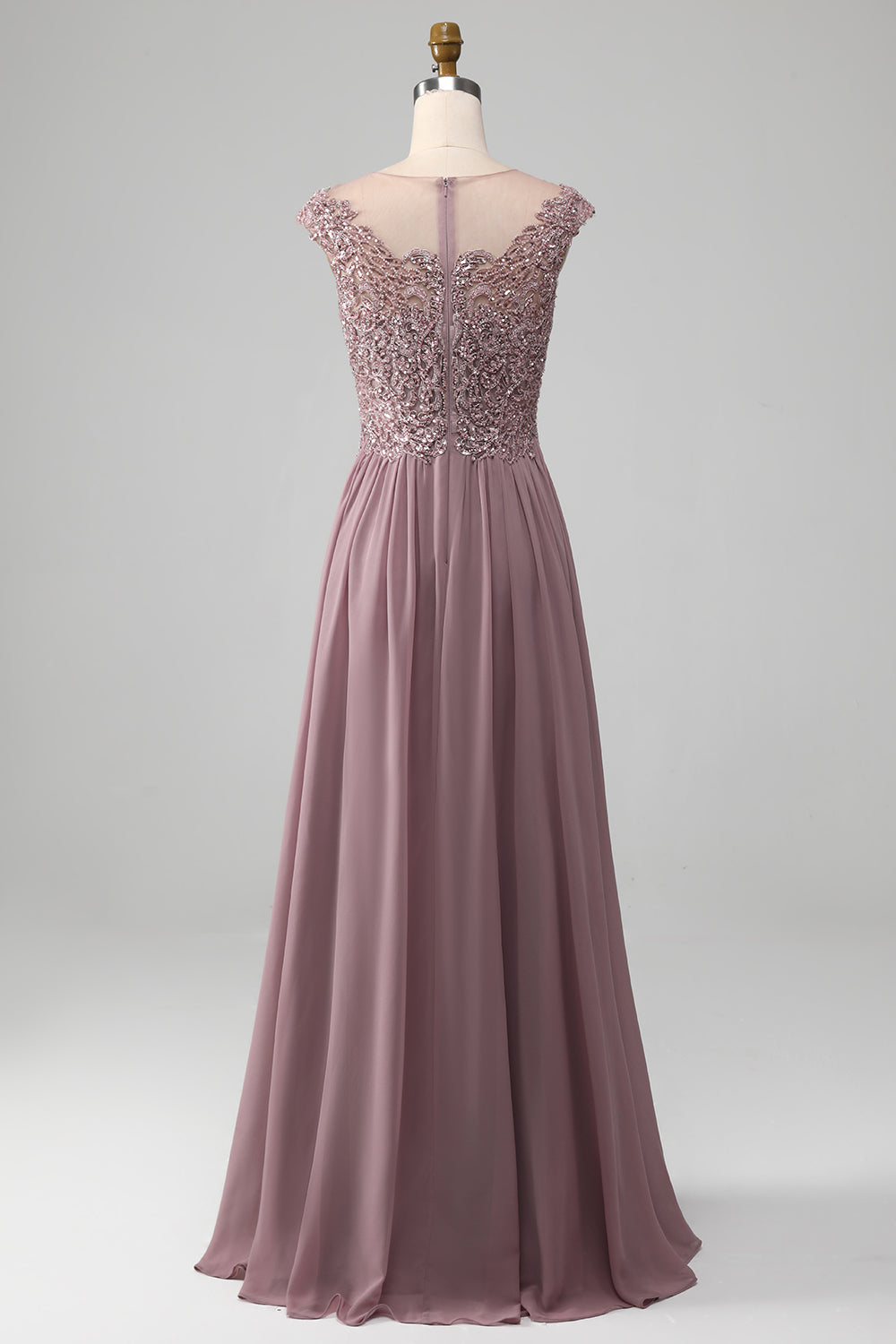 Crepúsculo A-line frisado Chiffon pescoço redondo maxi mãe do vestido da noiva