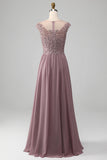 Crepúsculo A-line frisado Chiffon pescoço redondo maxi mãe do vestido da noiva