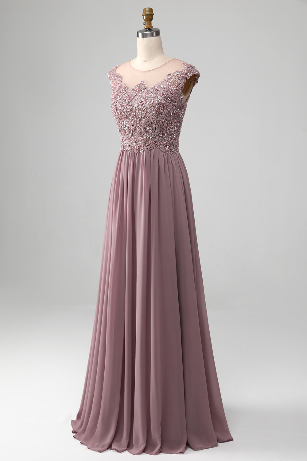 Crepúsculo A-line frisado Chiffon pescoço redondo maxi mãe do vestido da noiva
