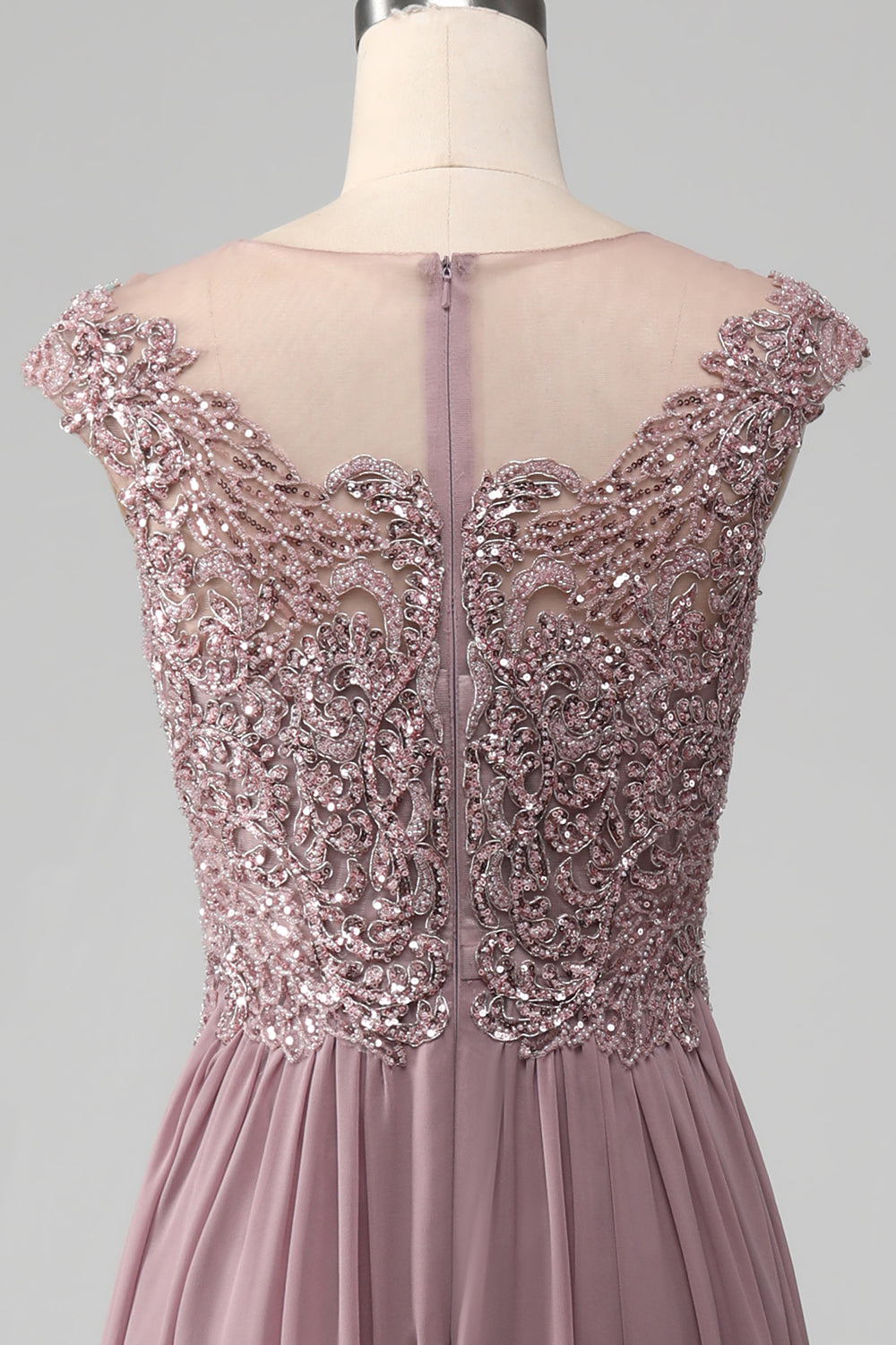 Crepúsculo A-line frisado Chiffon pescoço redondo maxi mãe do vestido da noiva