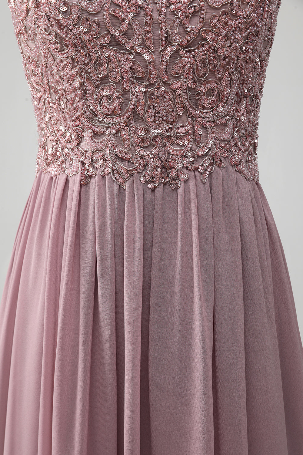 Crepúsculo A-line frisado Chiffon pescoço redondo maxi mãe do vestido da noiva