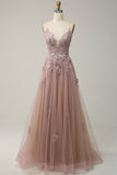 A Line Esparguete Alças Rosa Vestido Cerimónia com Apliques