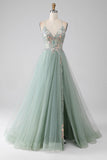 A-Line frisado vestido de baile verde claro com fenda