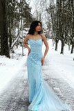 Cintas de Espaguete Azul Vestido de Festa Com Apliques
