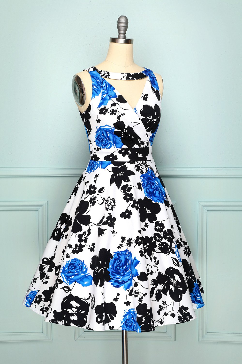 1950 Vestido Floral com decote em V