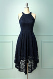 Vestido assimétrico de renda azul marinho