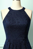 Vestido assimétrico de renda azul marinho