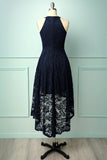 Vestido assimétrico de renda azul marinho