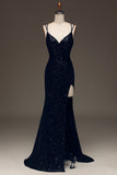 Preto Brilhante Lantejoulas Sereia Longo Vestido De Baile Com Fenda