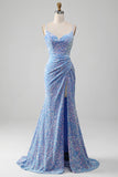 Brilhante Azul Claro Lantejoulas Longo Vestido De Baile com Fenda