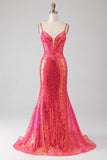 Sereia brilhante Fuchsia Prom Dress com Sequins