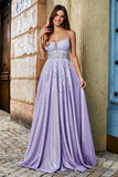 Lilás A-Line Esparguete Correias Long Glitter Prom Dress Com Missangas