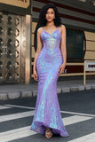 Sereia Elegante Alças Esparguete Roxo Sequins Corset Prom Dress
