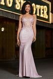 Sereia Trendy Esparguete Correias Blush Long Prom Dress com Missangas