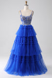 Vestido de baile de formatura azul real com lantejoulas