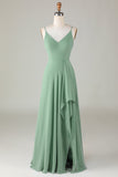 Esparguete Correias Matcha Vestido Longo Madrinha com Folhos