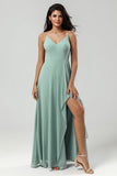 Esparguete Verde Alças Vestido Longo Madrinha com Folhos