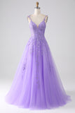 Lilás A-Line Esparguete Correias Vestido Longo de Baile com Apliques