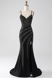 Sereia frisado vestido de baile preto com fenda