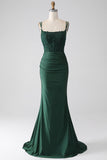 Sereia Verde Escuro Alças Esparguete Longo Corset Prom Dress