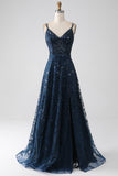 A-Line Dark Navy Spaghetti Correias Long Prom Dress com Fenda