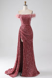 Sereia Fora do Ombro Blush Sequins Prom Dress com Fenda