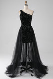 A-Line Preto Um Ombro Sequins Prom Dress