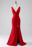 Sereia V-Neck vestido vermelho baile com fenda