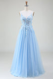 A-Line Vestido de baile azul claro com apliques