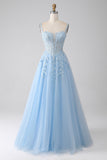 A-Line Vestido de baile de espartilho azul claro com apliques