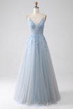 A-Line Espaghetti Correias Cinzento Azul Vestido de Baile com Missangas