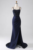 Sereia Beaded Navy Prom Dress com Folhos