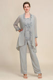 Cinza 3 Peças Pant Suits Mangas Compridas