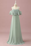 Cintas de Espaguete Chiffon Verde Vestido Dama de Honor Júnior
