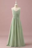 Verde Vestido Dama de Honor Júnior Cintas de Espaguete