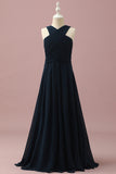 Azul Marinha Halter A-Line Vestido Dama de Honra Júnior